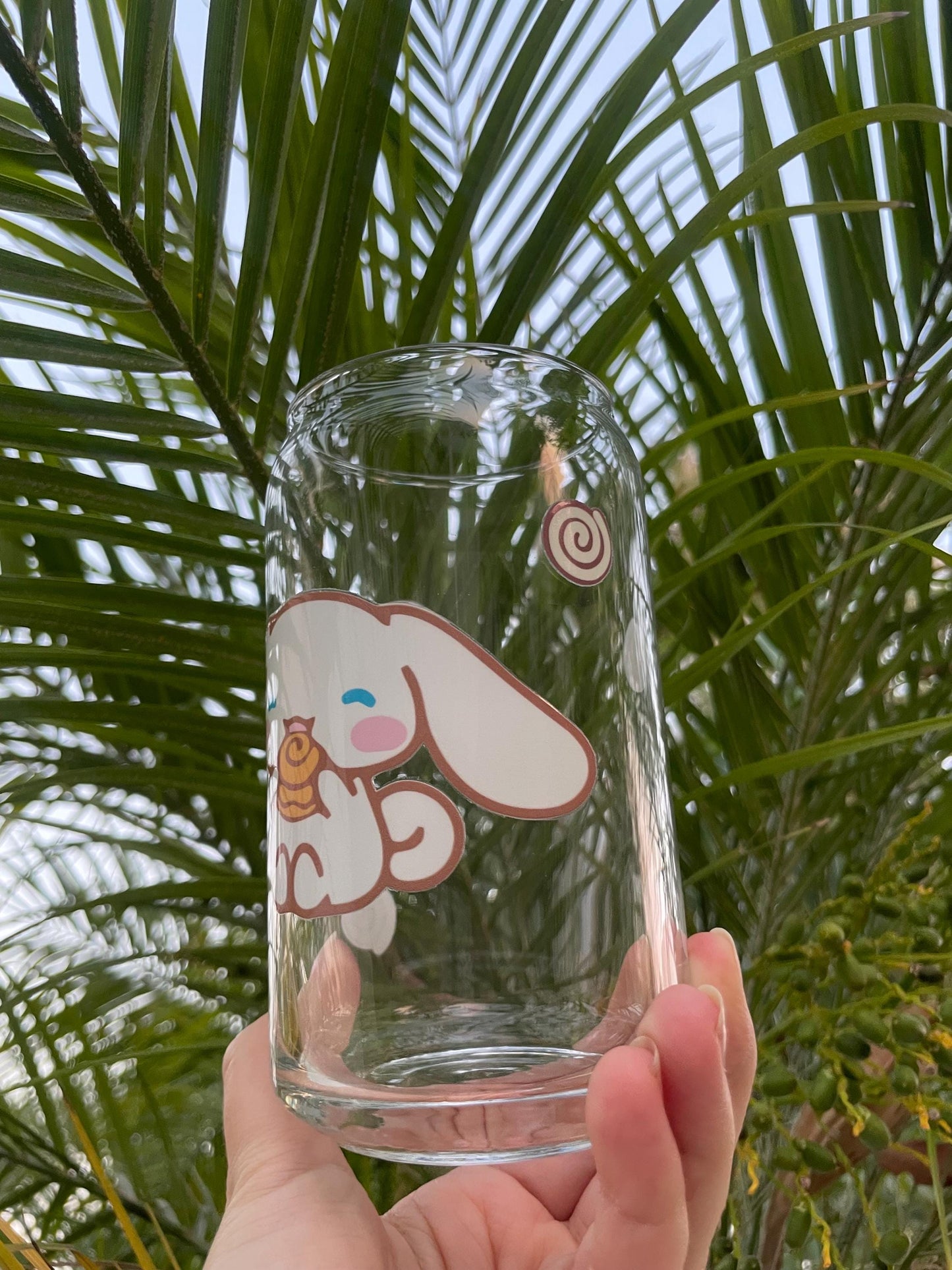 Cinnamoroll aesthetic glass cup with bamboo lid and glass straw.