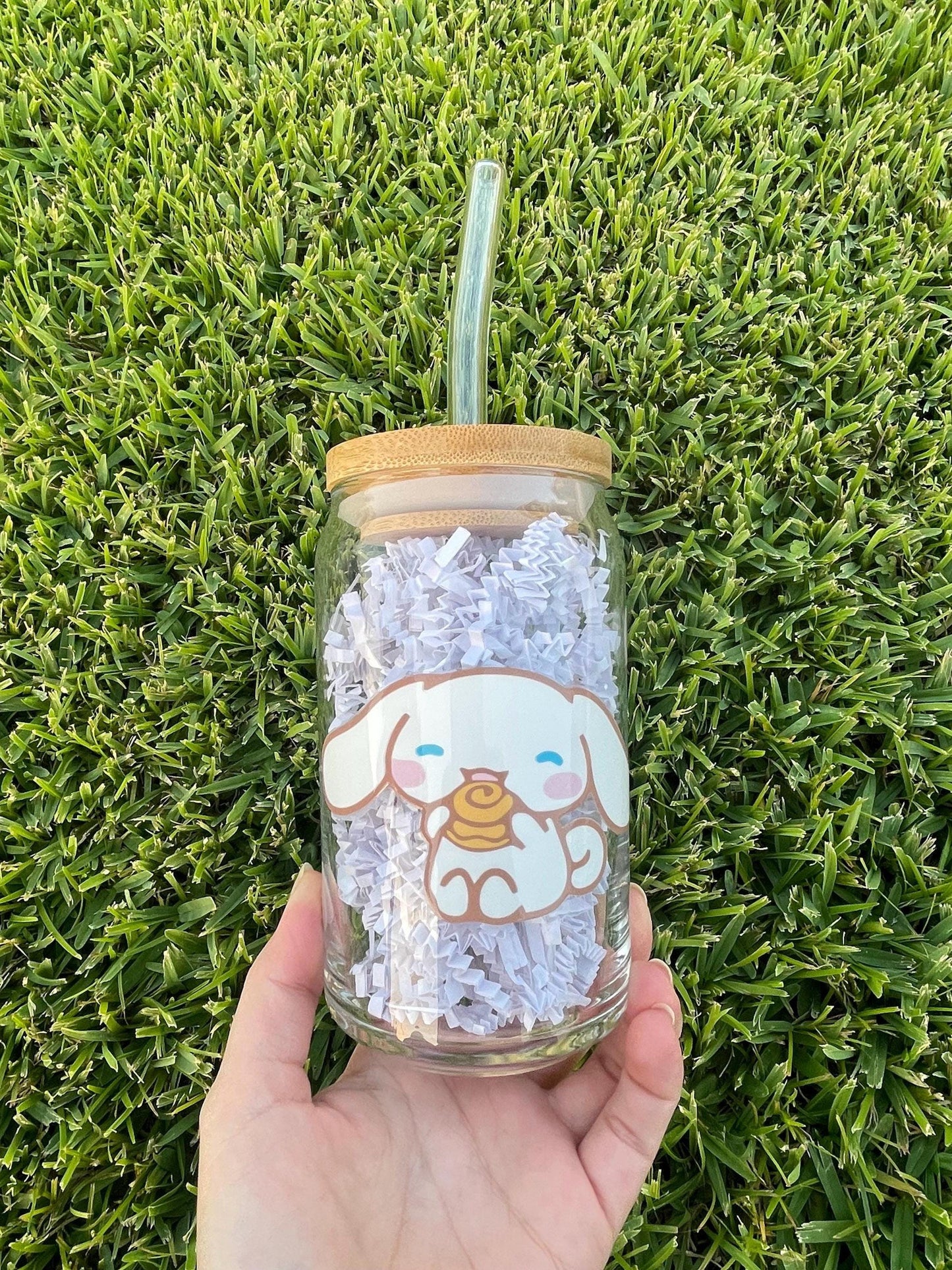 Cinnamoroll aesthetic glass cup with bamboo lid and glass straw.
