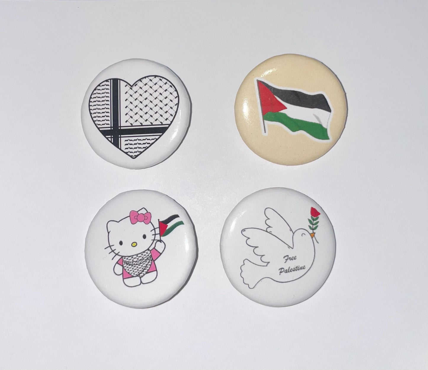 4 pack Palestine Buttons, Falastini HK button, Free Palestine Dove button, Palestine Flag button, Keffiyeh Heart button