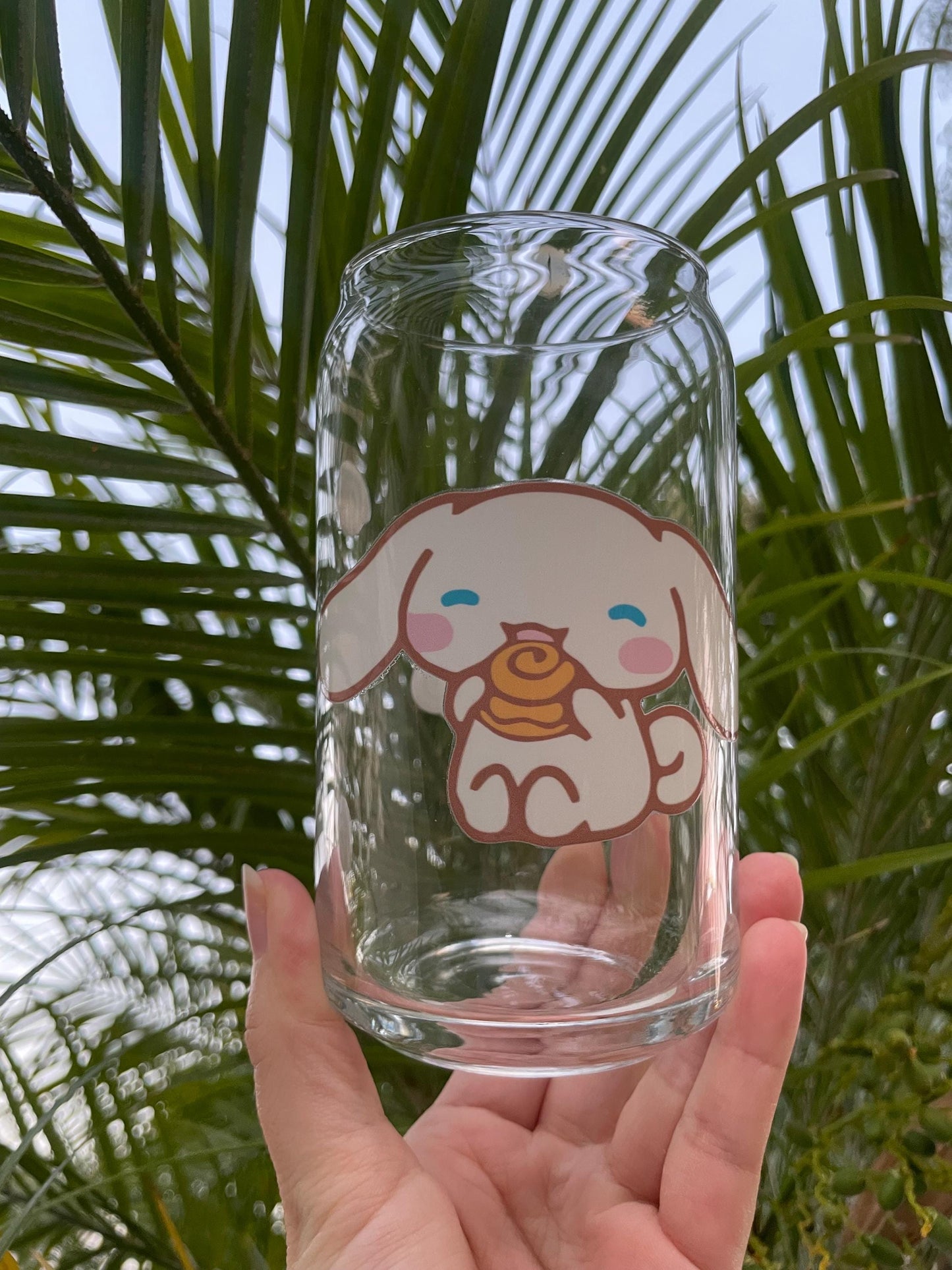 Cinnamoroll aesthetic glass cup with bamboo lid and glass straw.