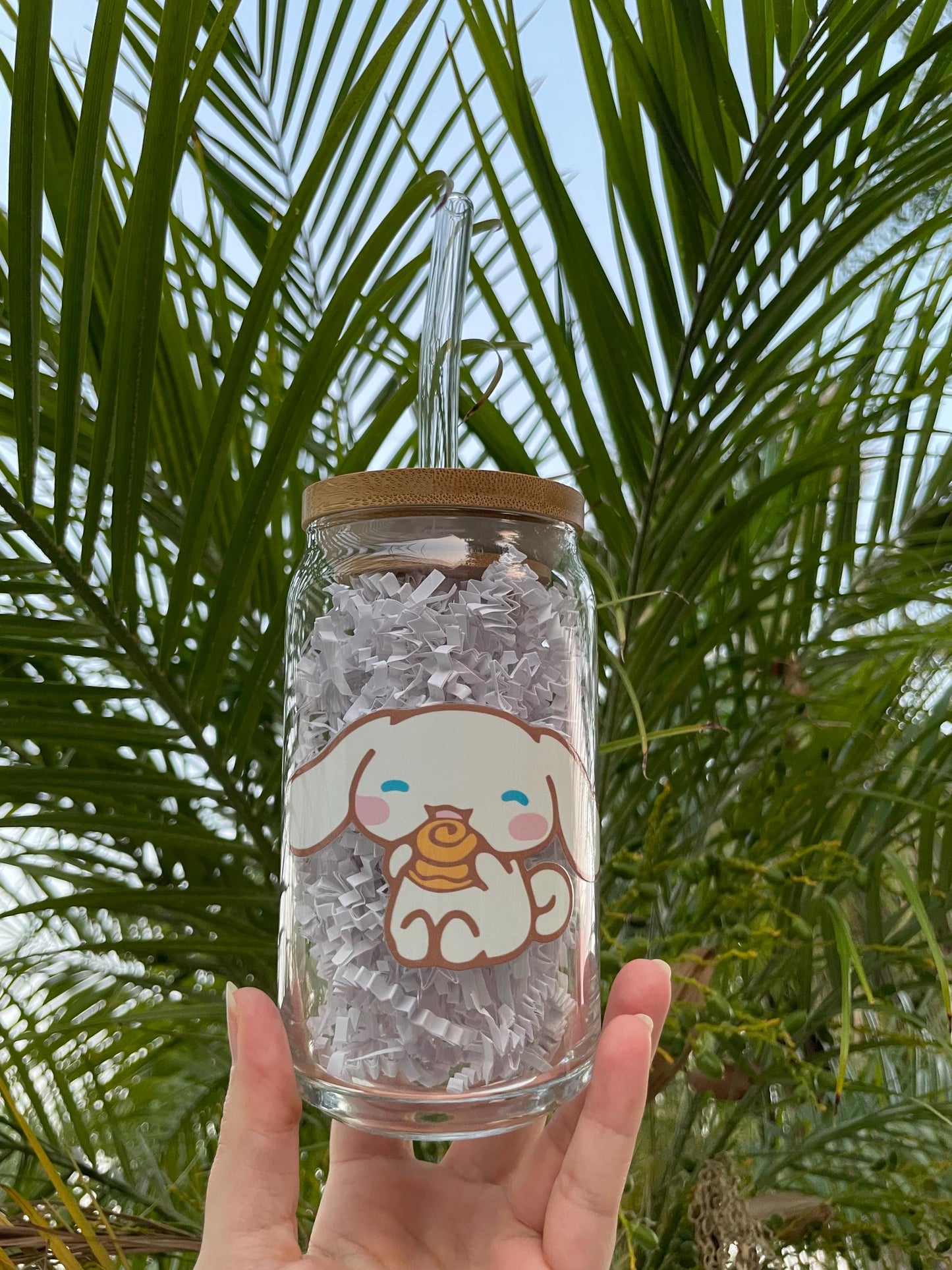 Cinnamoroll aesthetic glass cup with bamboo lid and glass straw.