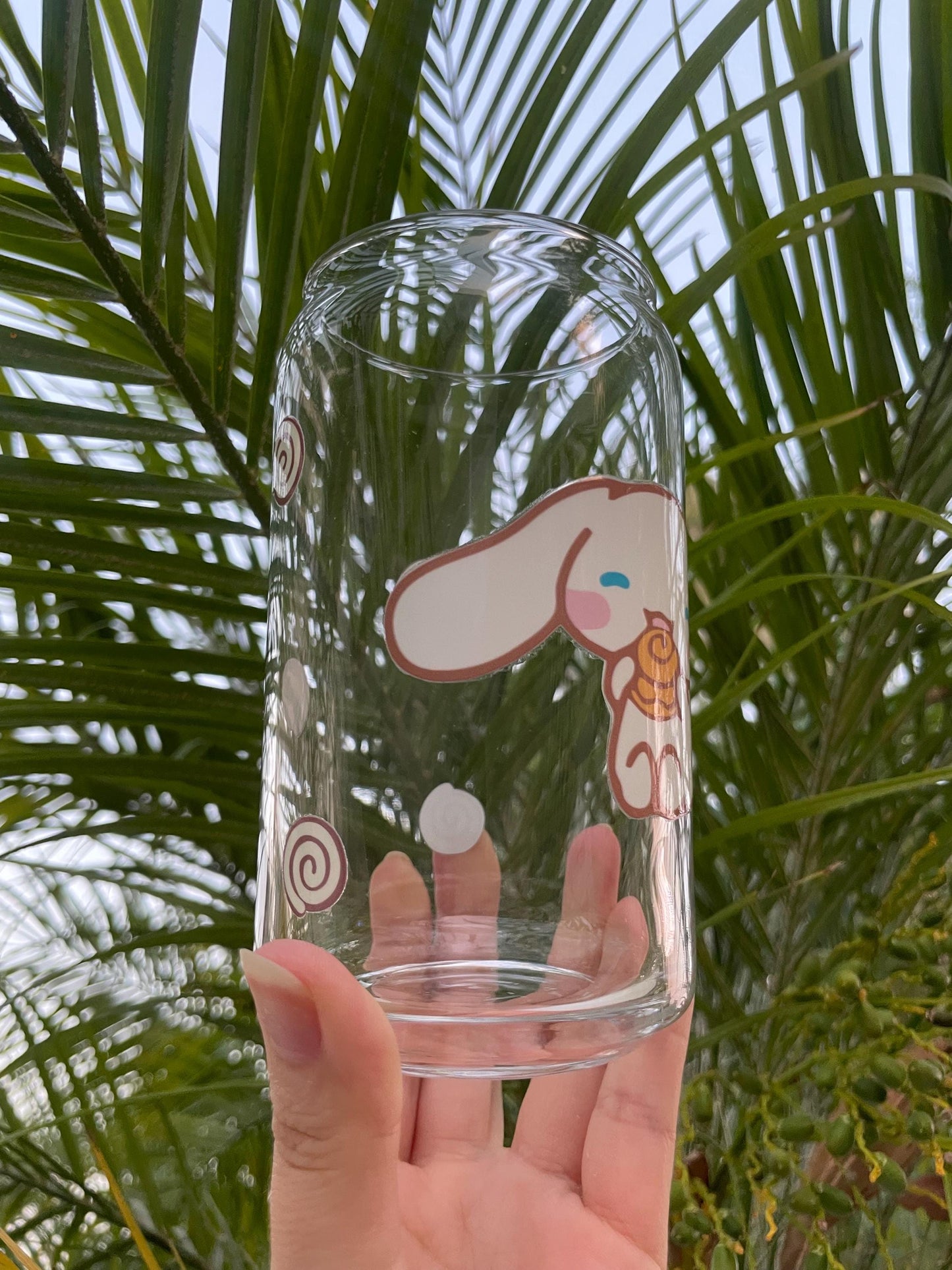Cinnamoroll aesthetic glass cup with bamboo lid and glass straw.