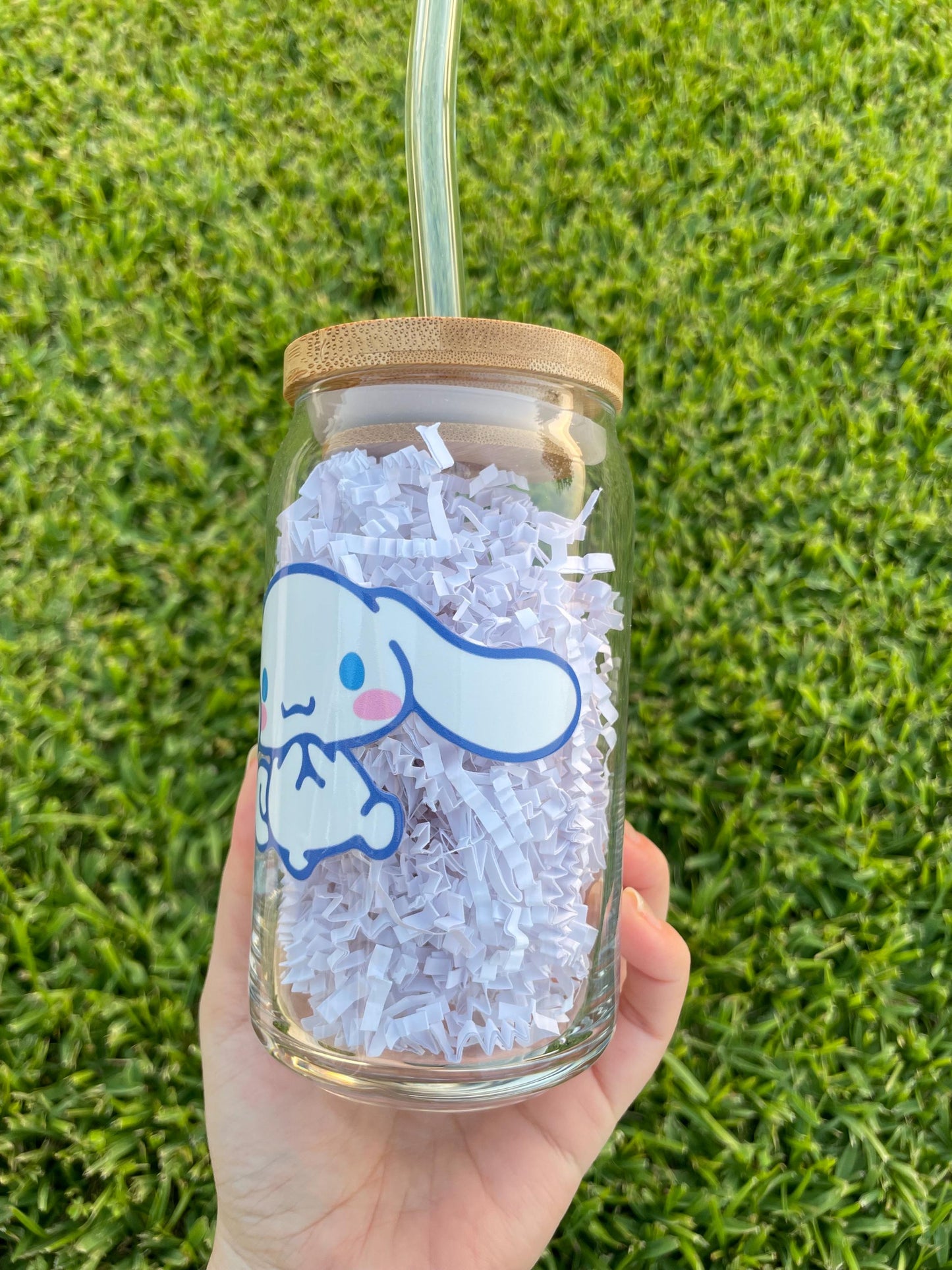 Cinnamoroll aesthetic glass cup with bamboo lid and glass straw.