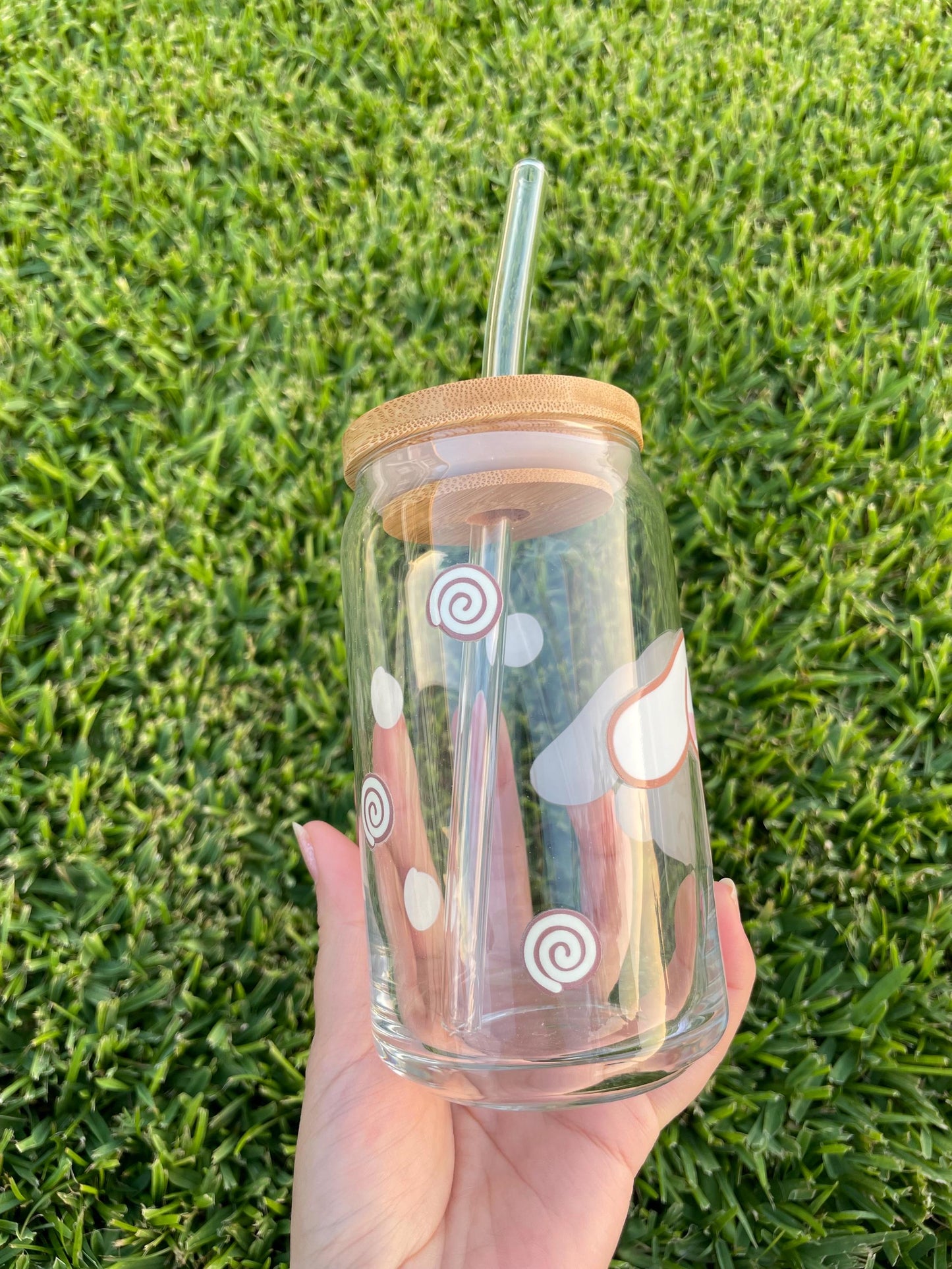 Cinnamoroll aesthetic glass cup with bamboo lid and glass straw.