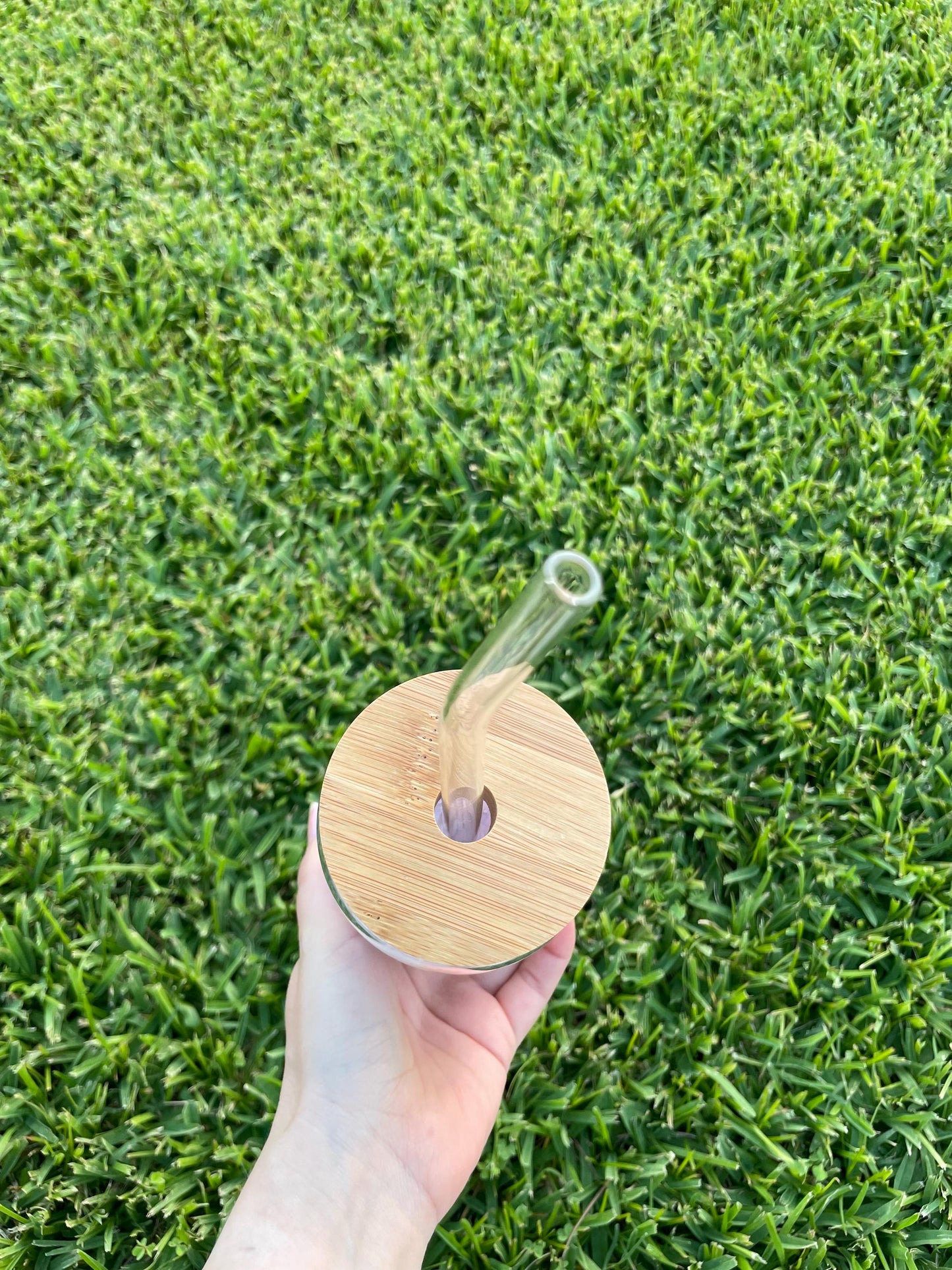 Cinnamoroll aesthetic glass cup with bamboo lid and glass straw.