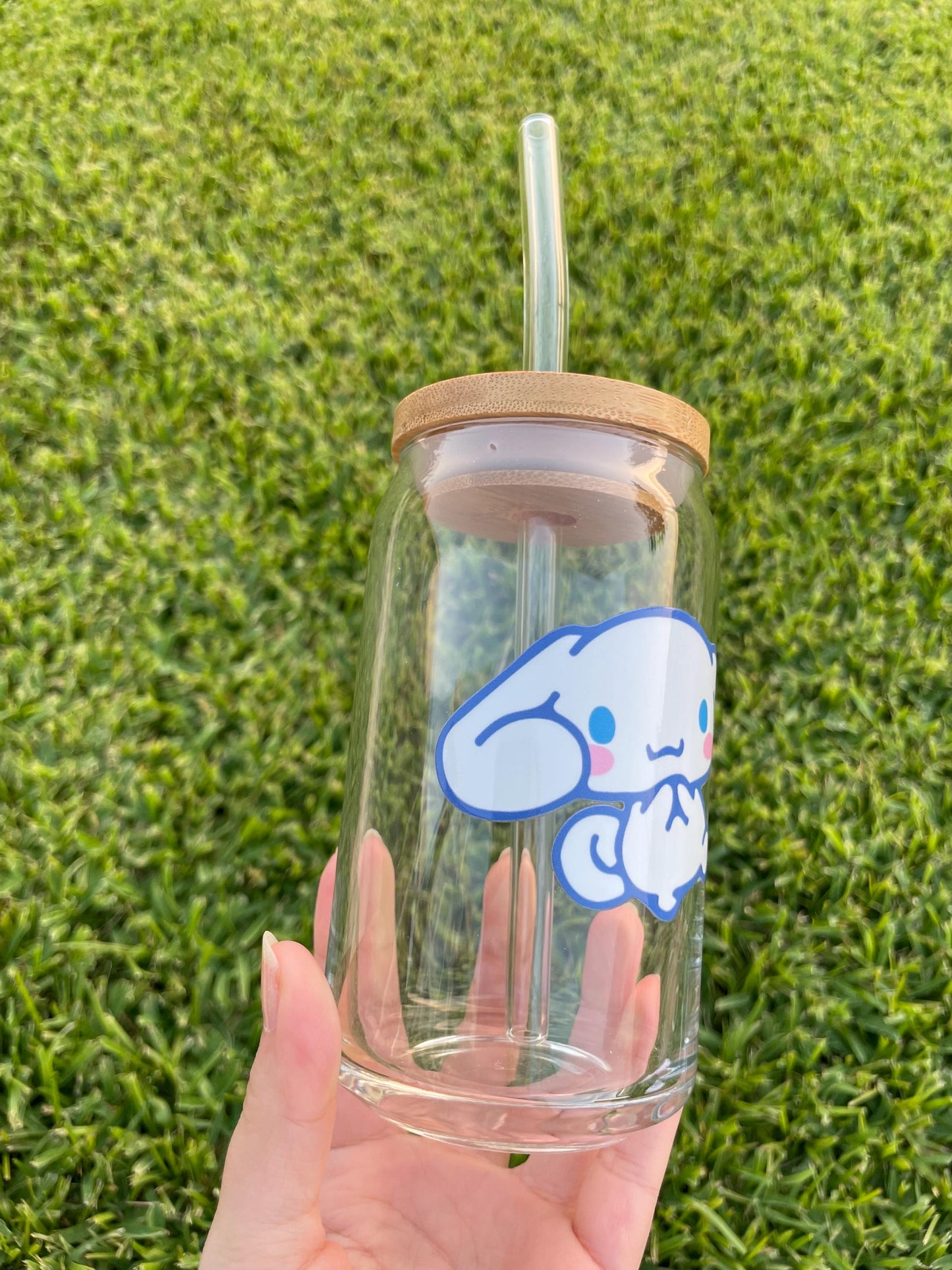 Cinnamoroll aesthetic glass cup with bamboo lid and glass straw.