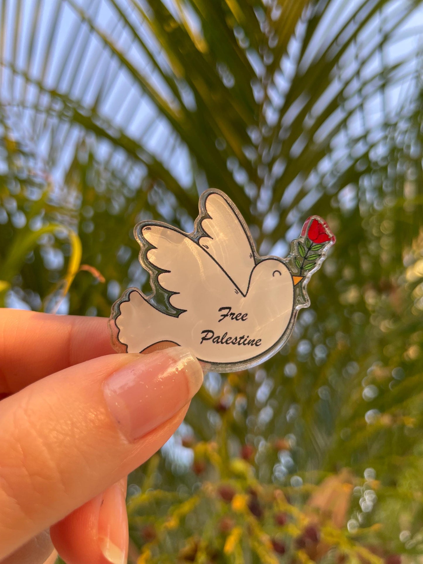 From Palestine Dove with poppy acrylic pin, for backpack pin, hat pin, jacket pin, tote bag pin, purse pin. Acrylic pin.