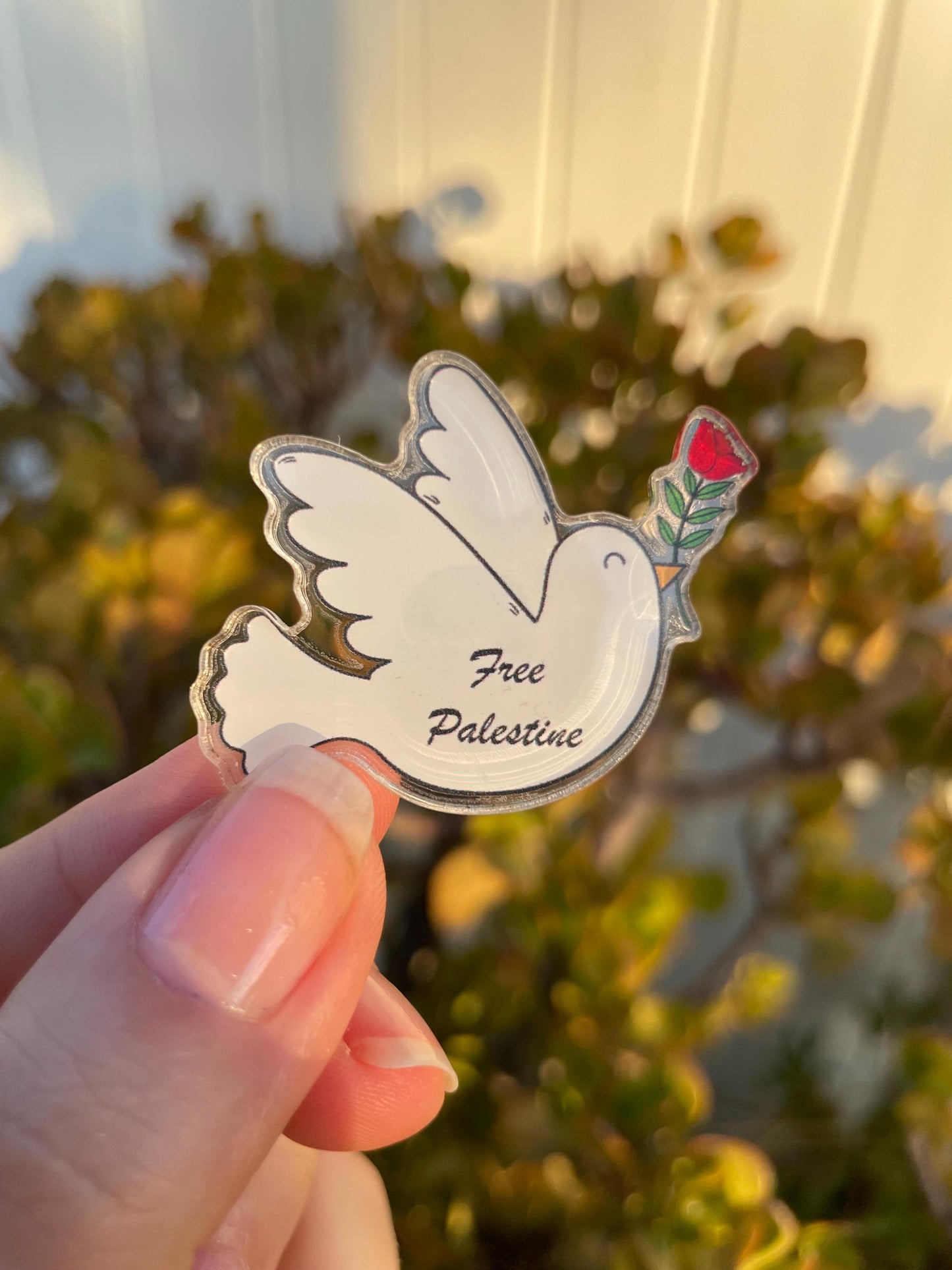 From Palestine Dove with poppy acrylic pin, for backpack pin, hat pin, jacket pin, tote bag pin, purse pin. Acrylic pin.