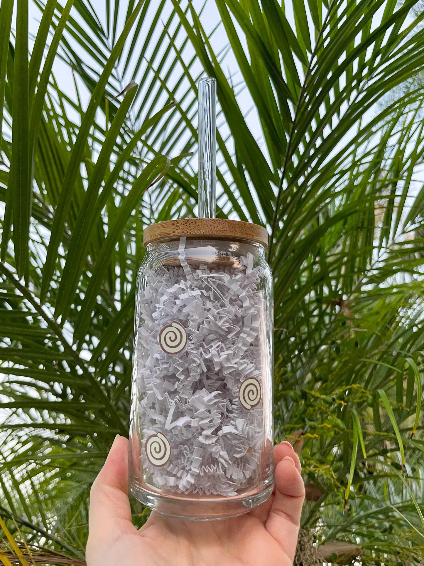 Cinnamoroll aesthetic glass cup with bamboo lid and glass straw.