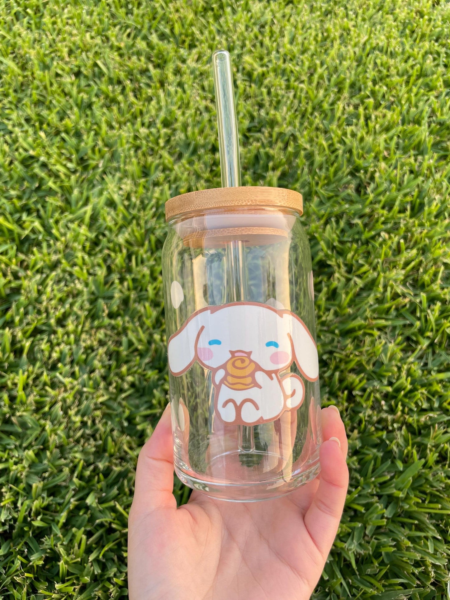 Cinnamoroll aesthetic glass cup with bamboo lid and glass straw.