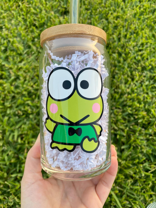 Keroppi aesthetic glass cup with bamboo lid and straw
