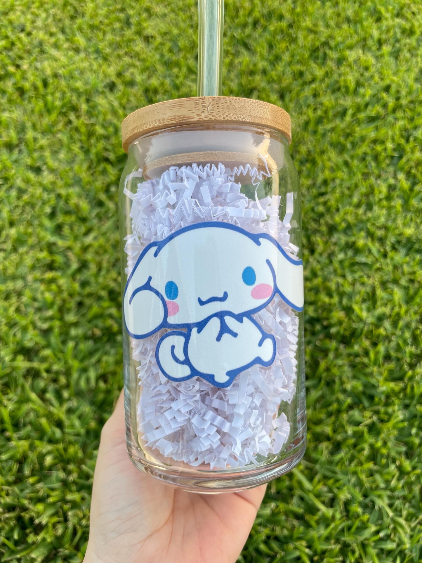 Cinnamoroll aesthetic glass cup with bamboo lid and glass straw.
